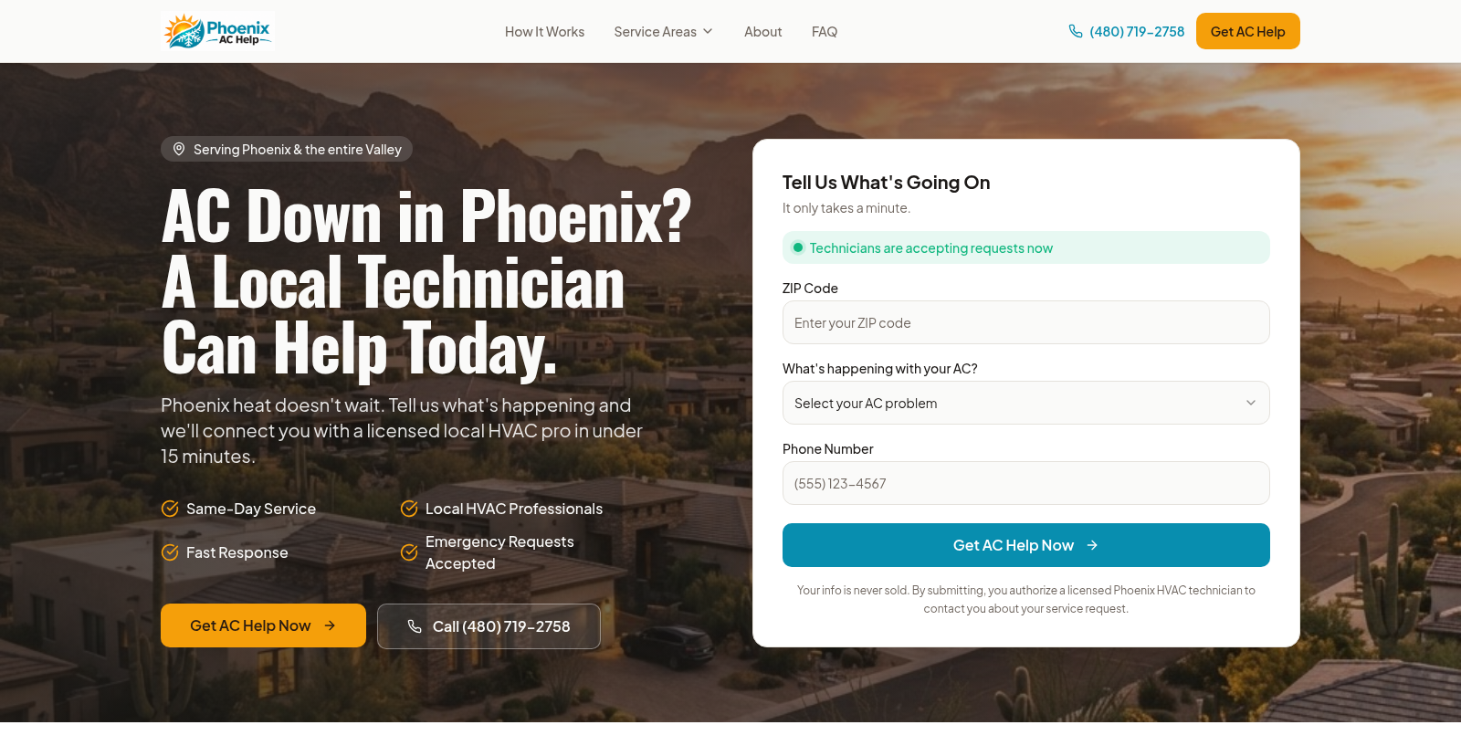 Phoenix AC Help website homepage on desktop
